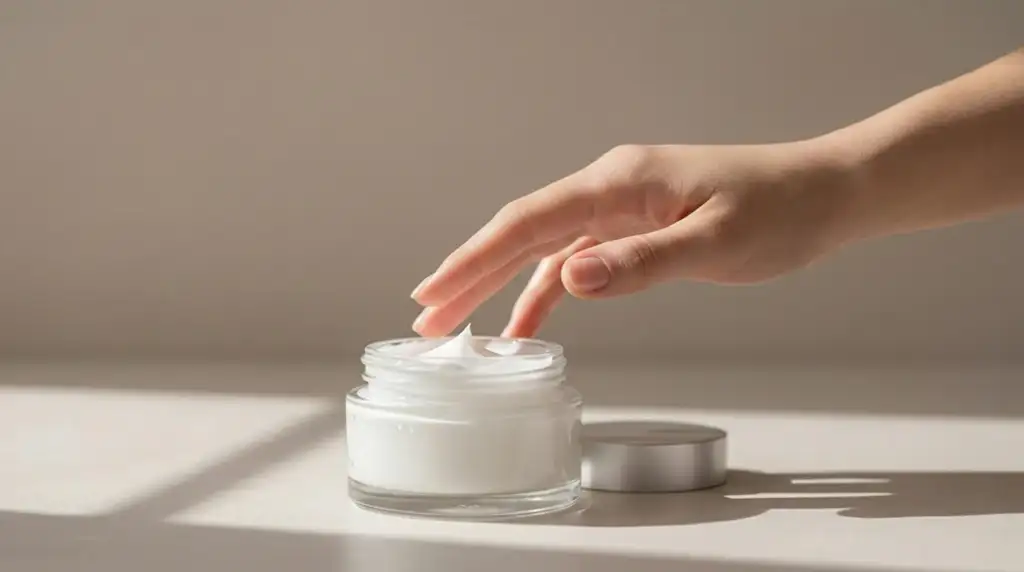 Otvorena teglica kreme u kontaktu sa prstom – rizik od kontaminacije bez adekvatnih konzervanasa