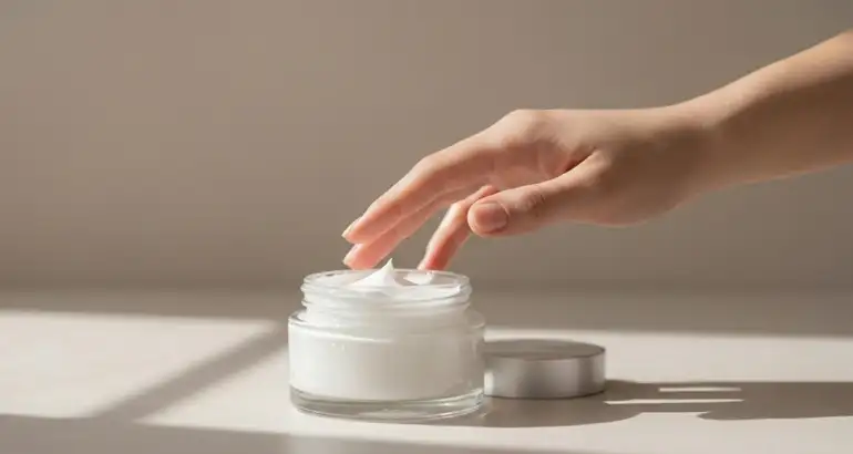 Otvorena teglica kreme u kontaktu sa prstom – rizik od kontaminacije bez adekvatnih konzervanasa